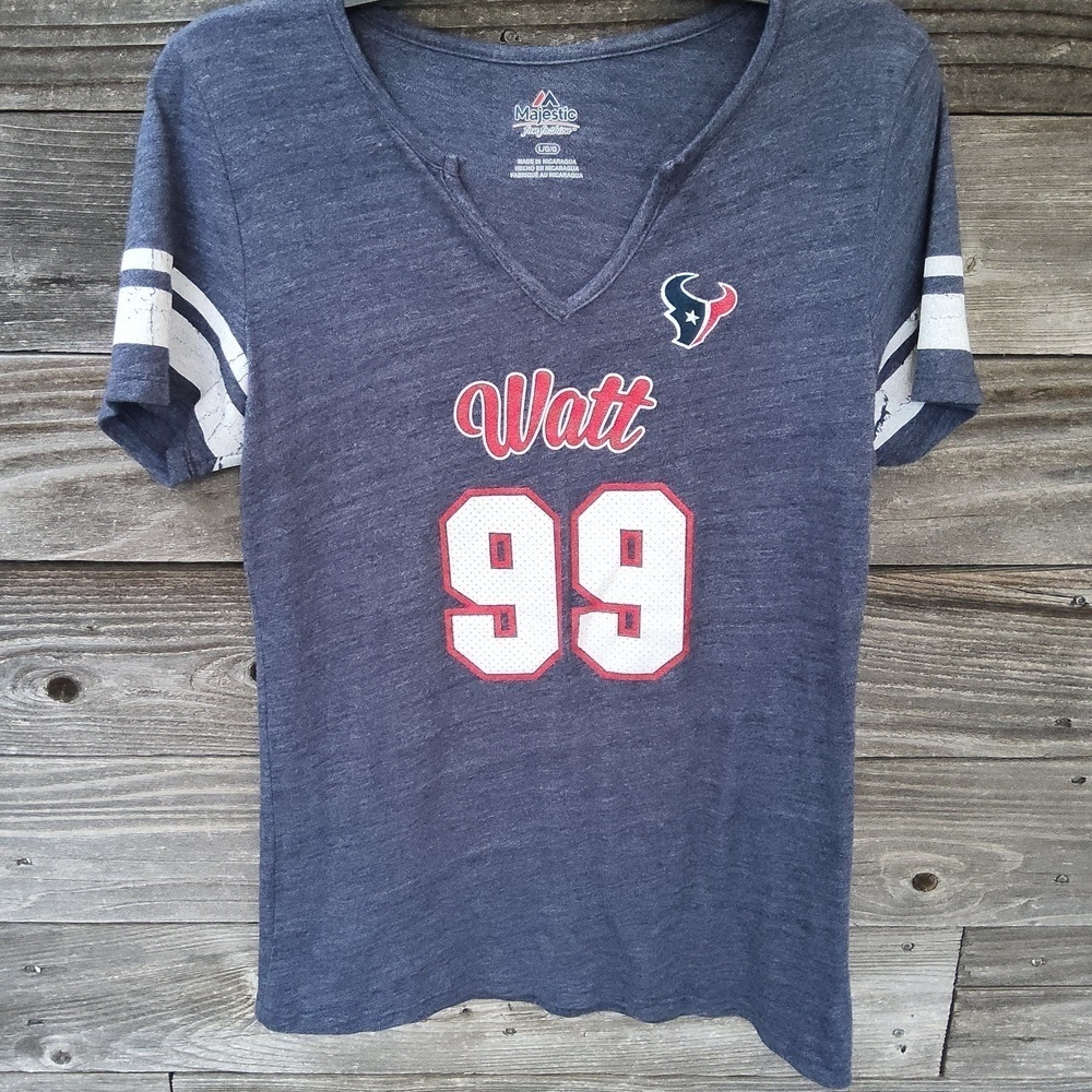 Majestic Fan Fashion blue Houston Texans shirt size Large with Watt 99 on front